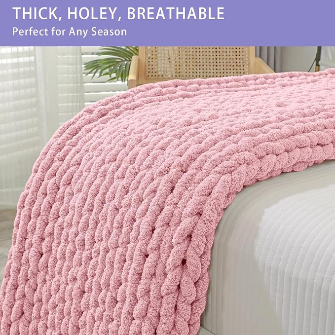 Bigacogo Chunky Knit Throw Blanket for Couch, 51x63 inches, Blush Pink | Hand Knit with Jumbo Chenille, Soft Breathable Cable Knit for Sofa Bed Living Room, Machine Washable, Gift for Mom Friend