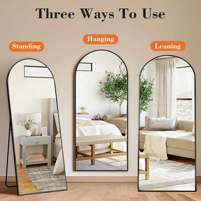 DUMOS 64"x21" Arched Full Length Mirror with Stand, Full Body Floor Mirror | Free Standing or Wall Mount, Nano Glass Aluminum Frame, Hanging or Leaning, Modern Simple Home Decor, Black
