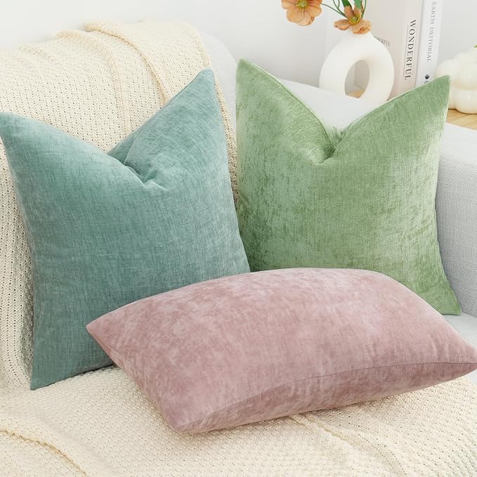 decorUhome Soft Chenille Sage Green Throw Pillow Covers 12X20 Set of 2 | Decorative Fall Couch Pillow Covers Solid Dyed Accent Modern Farmhouse Neutral Rectangle Pillow Cases for Sofa