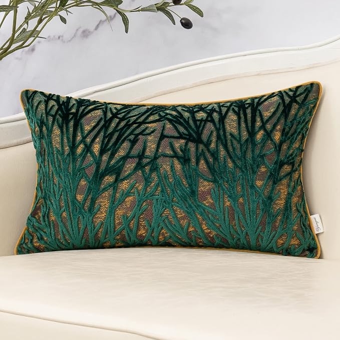 Green Throw Pillow Cover Velvet Cushion Cover Branches Rectangular Pillowcase for Sofa Couch Bedroom Living Room, 12x20 Inch