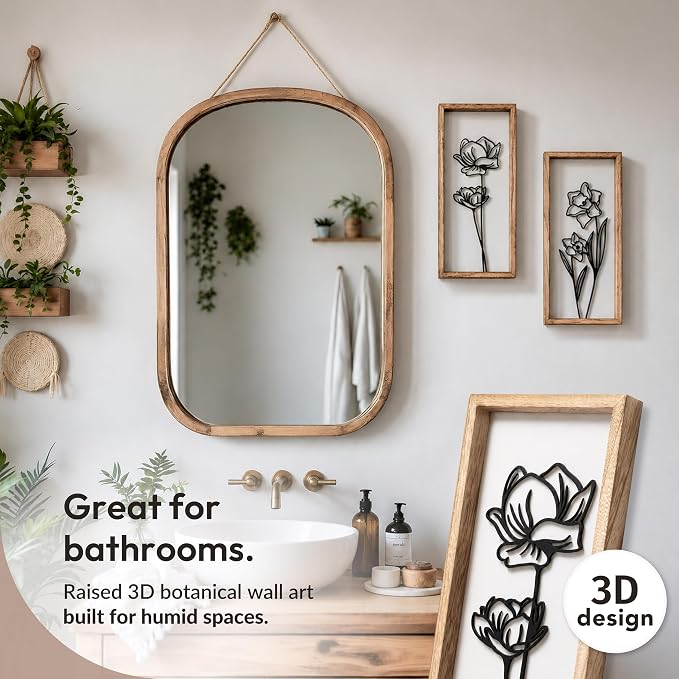 3D Black and White Wall Art (Set of 2) Lightweight, Wooden Ready-to-Hang Framed Floral Wall Art for Bathroom, Bedroom, Living Room or Office – Boho Botanical Farmhouse Decor – Gift-Boxed