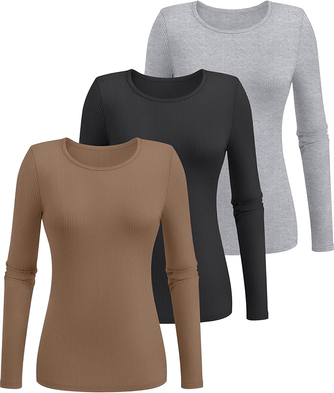 Ficerd 3 Pack Women's Ribbed Long Sleeve Tops, Crew Neck Slim Fit Undershirts Knit Basic Casual Stretch Layering Tee Shirts