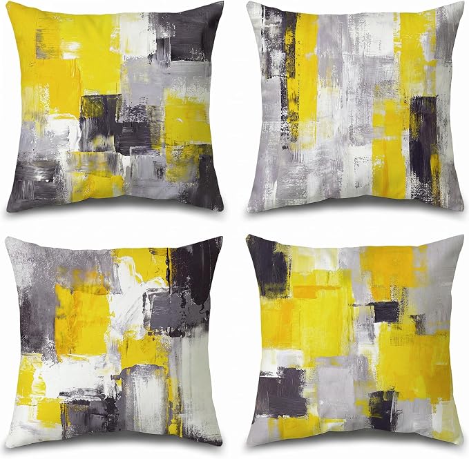 Yellow Grey Abstract Throw Pillow Covers 18x18 Set of 4 | Mustard Yellow & Grey Modern‑Art Cushion Cases, neutral aesthetic pillowcases for sofa, bedroom & chair.