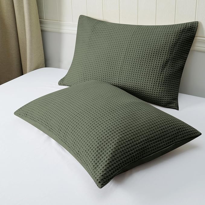 100% Egyptian Cotton Waffle Weave Pillowcases Standard Size 2 Pack | Ultra Soft Pillow Shams with Envelope Closure, Breathable Skin-Friendly Decorative Bed Pillow Case, Olive Green, 20"x26"