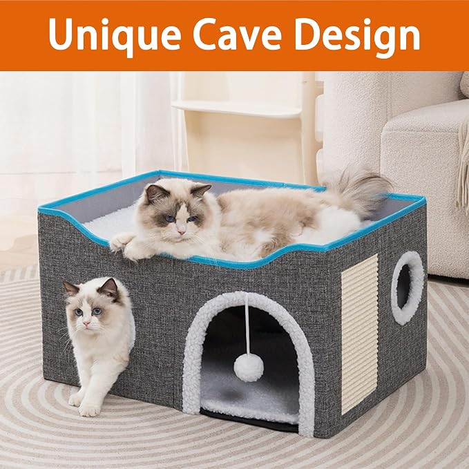 Loyareal Cat Houses for Indoor Cats - Large Cat Bed Cave with Scratch Pad and Fluffy Ball, Foldable Cat Condo Hideaway with Reversible Cushion for Multi Small Pet, Light Grey