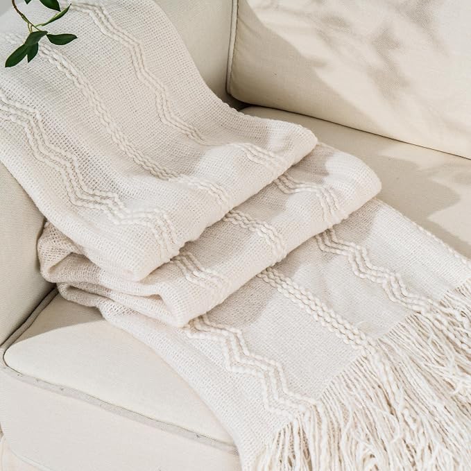 BATTILO HOME Cream Throw Blanket for Couch, Bedroom Decor Boho Throw Blanket, Decorative White Blanket Throw for Sofa Living Room, 50"x60"