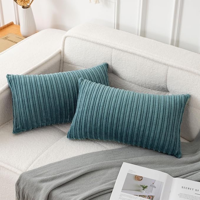 UGASA Velvet 12x20 Inch Lumbar Soft Throw Pillow Cover Boho Farmhouse Decorative Corduroy Striped Both Sides Solid Rectangular Cushion Case for Couch Bedroom Sofa Home, 1 Piece, Blue Grey