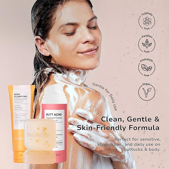 BellamiLuxx Butt Acne Treatment Set: Acne Soap Bar + Butt Treatment Lotion for Breakouts on Buttocks, Thighs, Back, Chest & Ingrown-Prone & Folliculitis-Prone Skin – Helps Reduce Body Breakouts
