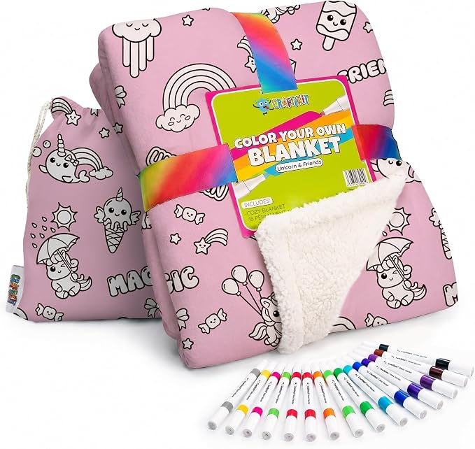 Craftikit Unicorn Coloring Blanket for Kids & Adults - 15 Markers | 40" x 60", Fabric Markers Included, Permanent Vibrant Sherpa Fleece Design, Ages 3+, Machine Washable, Gift Wrapped
