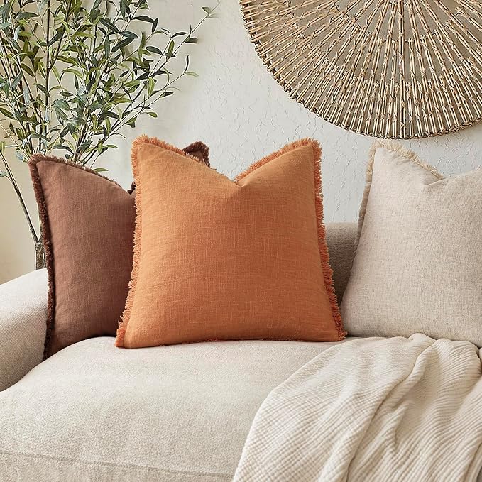 Foindtower Set of 2 Decorative Linen Fringe Throw Pillow Covers Cozy Boho Farmhouse Cushion Cover with Tassels Soft Accent Pillowcase for Couch Sofa Bed Living Room Home Decor,20×20 Inch,Dusty Orange