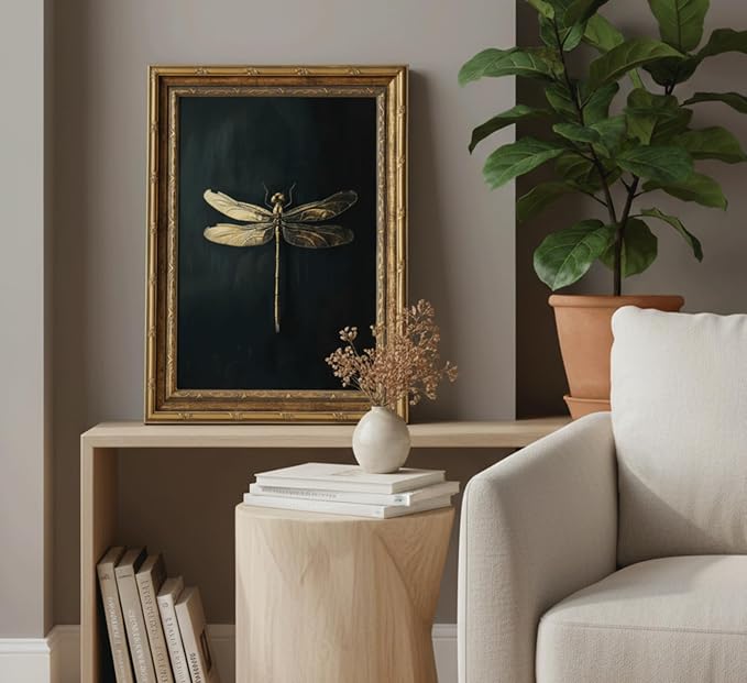 Vintage Framed Dragonfly Picture Wall Art,Gothic Insect Wall Decor16X12in | Dark Retro Farmhouse Style For Ideal For Bedroom, Study, Hallway, Office Or Entryway.