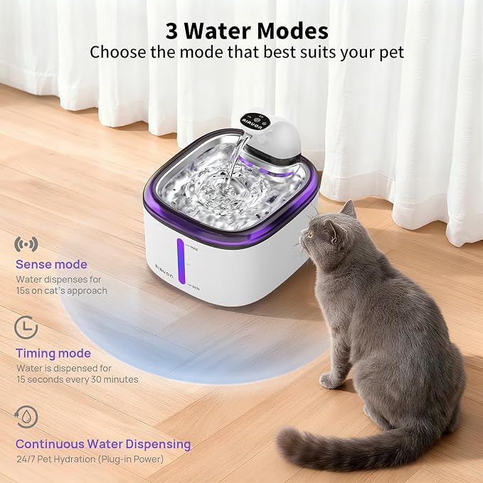 Cat Water Fountain Cordless 118oz/3.5L Wireless & Battery Operated Pet Water Fountain for Indoor Cats, Stainless Steel Tray with Sensor & Timer Modes, Ultra-Quiet, BPA-Free (Cat Fountain+2Filters)