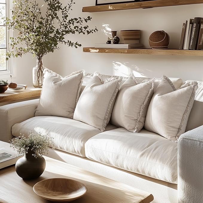 MIULEE Fall Linen Fringe Pillow Covers Set of 4 18x18 Neutral Beige | Boho Farmhouse Decorative Throw Pillow Covers, Neutral Soft Rustic Cushion Cases, for Couch Sofa Bed Living Room Home Decor