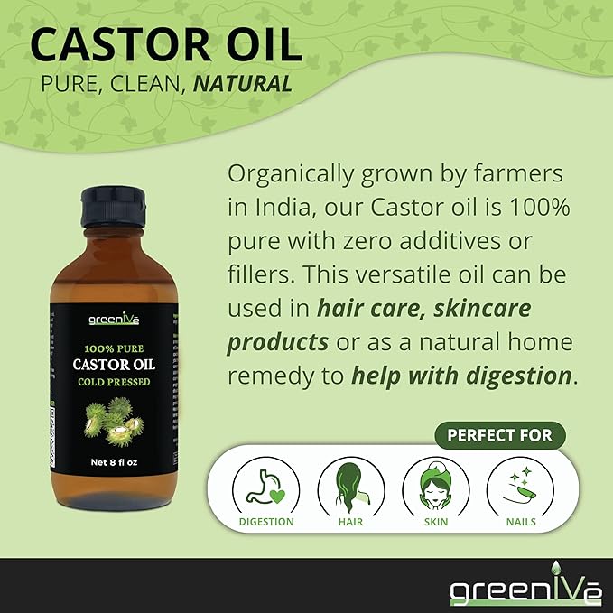 GreenIVe 100% Pure Castor Oil – Cold-Pressed, Hexane-Free – Hair, Eyebrows, Eyelashes, Skin Moisturizer, Castor Pack Wrap Oil GLASS Bottle (8 Fl Oz)