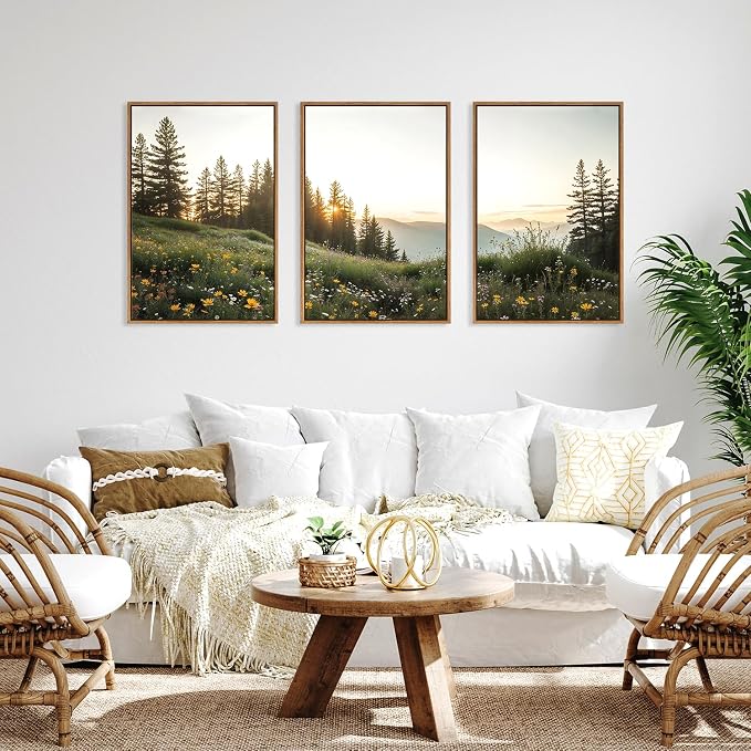 FWIEXA Mountain Canvas Wall Art Set, Framed Forest Nature Wall Decor, 3 Piece Landscape Paintings Artwork, 16x24 Inches Wildflower Pictures for Living Room, Bedroom, Office