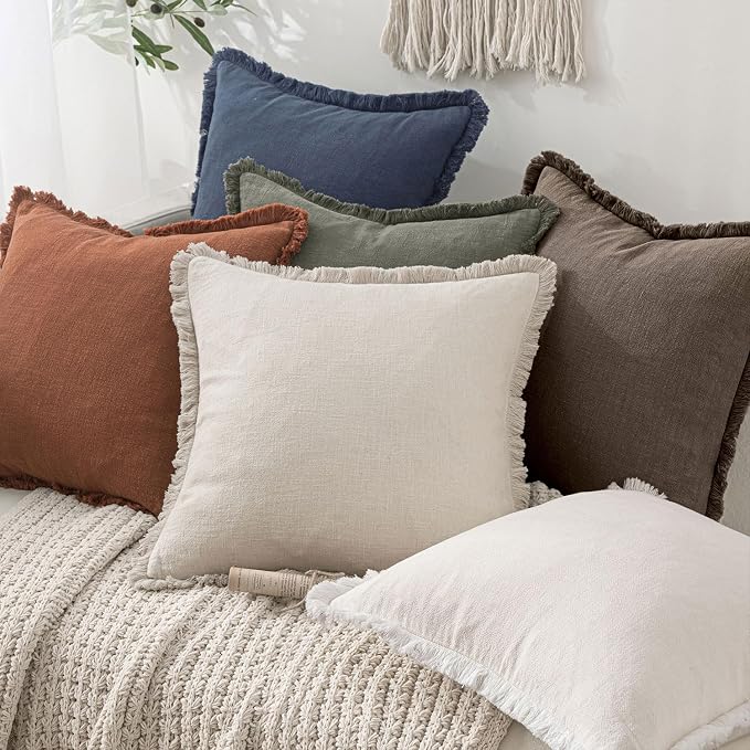 MIULEE Boho Linen Fringe Decorative Fall Throw Pillow Covers Coffee 20x20 | Set of 2, Cottagecore Decor, Boho Farmhouse Neutral Pillow Covers, Rustic Fall Couch Cushion Cases for Sofa Bed Living Room