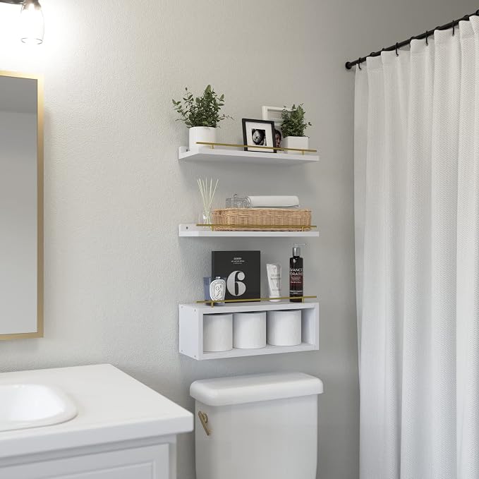 Floating Shelves for Wall with Cube Shelf, Wall Shelves with Metal Rail for Decor, Bathroom Organizers and Storage, Over Toilet Shelves for Bathroom, Toilet Paper-White&Gold