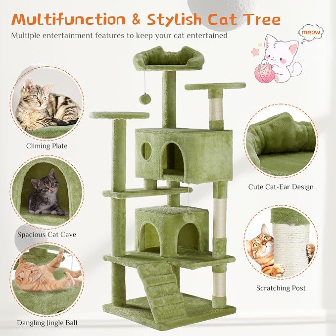 Sweetcrispy 54-inch Cat Tree Tower with Scratching Posts, Indoor Use | Multi-Level Indoor Cat Tree Condo with Climbing Ladder, Plush Toy, Play House for Kitten, Green