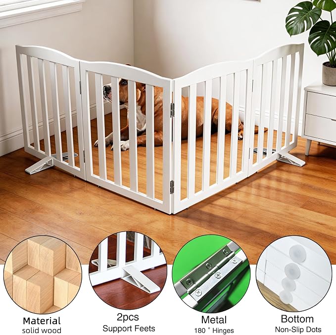 ZJSF Foldable Freestanding Indoor Dog Gate for House Wood White Long Pet Gates Dog Fence for Stairs Puppy Gates for Hallways, Puppy Gate,Support Feet Included 32 "Height-4 Panels