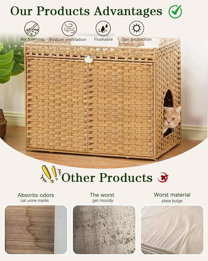 SETVSON Cat Litter Box Enclosure, Extra Large Hidden PE Rattan Natural | Spacious Double Door PE Rattan Cat Washroom Bench, Side Table Look, Fits Covered Litter Tray, 2 Mats, Metal Frame