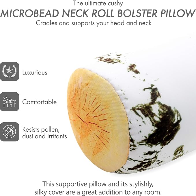 PILLOWY Microbead Log Roll Pillow - Bolster Tube Pillow Cushion Perfect Therapy Pillow - Airy Squishy Soft Bead Bag Bed Room Decoration, Neck Pillow Back Head Body Support, 14" X 8", Birch Wood