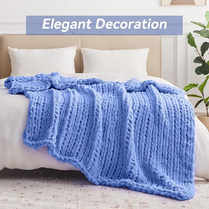 Negwoo Chunky Knit Throw Blanket, Knitted Throw Chenille Yarn, 80"*90" | Soft Thick Cable Knitted Blankets, Handmade Big Thick Blanket, Machine Washable Cute Comfy Blanket for Home Decor, Light blue