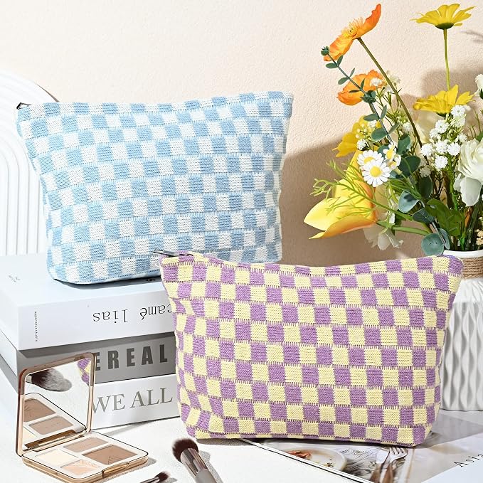 SOIDRAM 2 Pieces Makeup Bag Large Checkered Cosmetic Bag Capacity Canvas Travel Toiletry Bag Organizer Cute Makeup Brushes Aesthetic Accessories Storage Bag for Women,Checkered L Purple Light blue