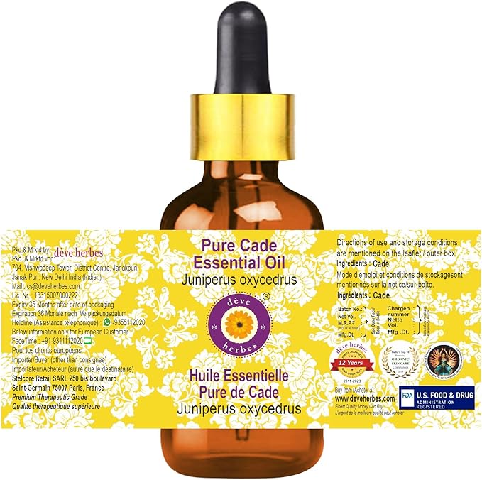 Deve Herbes Pure Cade Essential Oil (Juniperus oxycedrus) with Glass Dropper Steam Distilled 30ml (1 oz)