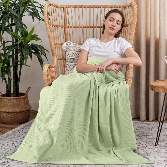 Utopia Bedding Cotton Blend Sage Green Waffle Blanket Queen - 90x90 Inches | Lightweight, Skin Friendly, Breathable, All Season, Luxury, Bed, Couch, Sofa