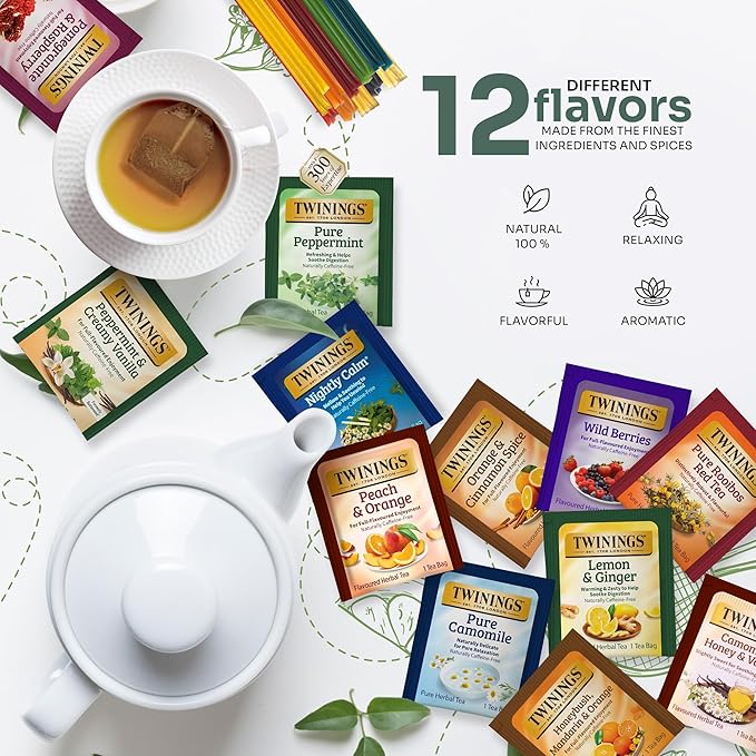 Twinings 48 Tea Bags Herbal Variety Pack – 12 Caffeine-Free Flavors + 20 Honey Sticks, Relaxing Herbal Tea Gift Set for Tea Lovers, Bedtime & Daily Wellness