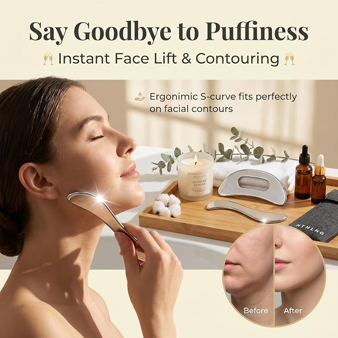 Stainless Steel Gua Sha Muscle Scraping Tool, Ergonomic Body Massage Scraper with Smooth Curved Edge, Handheld Manual Massager for Neck, Shoulders, Back, Arms and Legs, Includes Storage Pouch