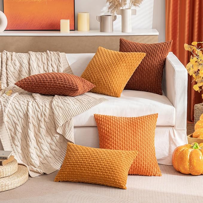 MIULEE Decorative Throw Pillow Covers 20x20 Fall Burnt Textured Corduroy | Orange Pack of 2 Striped Pillow Covers Modern Farmhouse Autumn Home Decor for Couch Bed Sofa Living Room