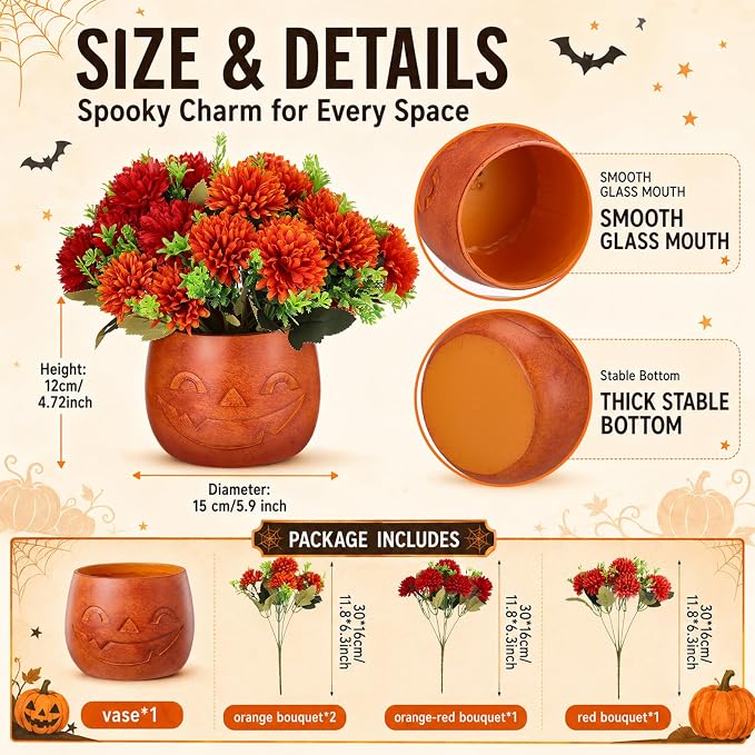 SiliFine Halloween Pumpkin Bucket with Artificial Flowers Halloween Vase | 6 Inch, Pumpkin Vase Planter Pot, Halloween Floral Centerpiece, Halloween Candy Holder, Desktop, Indoor Outdoor Holiday Decor