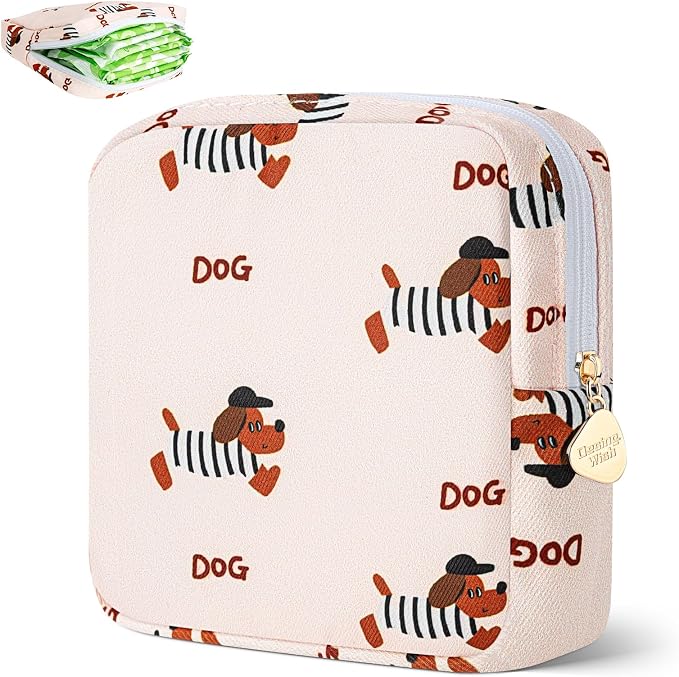 Period Bag Pouch Soft Cloth Sanitary Napkin Storage Bag Portable Menstrual Pad Pouches Tampon Holder for Purse First Period Kit for Girls 9-12 (Black Striped Dog)