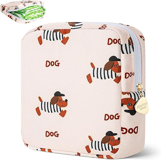 Period Bag Pouch Soft Cloth Sanitary Napkin Storage Bag Portable Menstrual Pad Pouches Tampon Holder for Purse First Period Kit for Girls 9-12 (Black Striped Dog)
