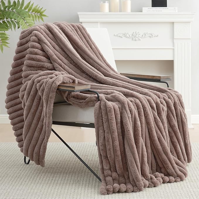 Faux Fur Throw Blanket for Couch, Cozy Fuzzy Fluffy Fur Luxurious Soft Striped Plush Gift Blankets for Family Sofa Chair Bedroom, 55"x70", Light Coffee