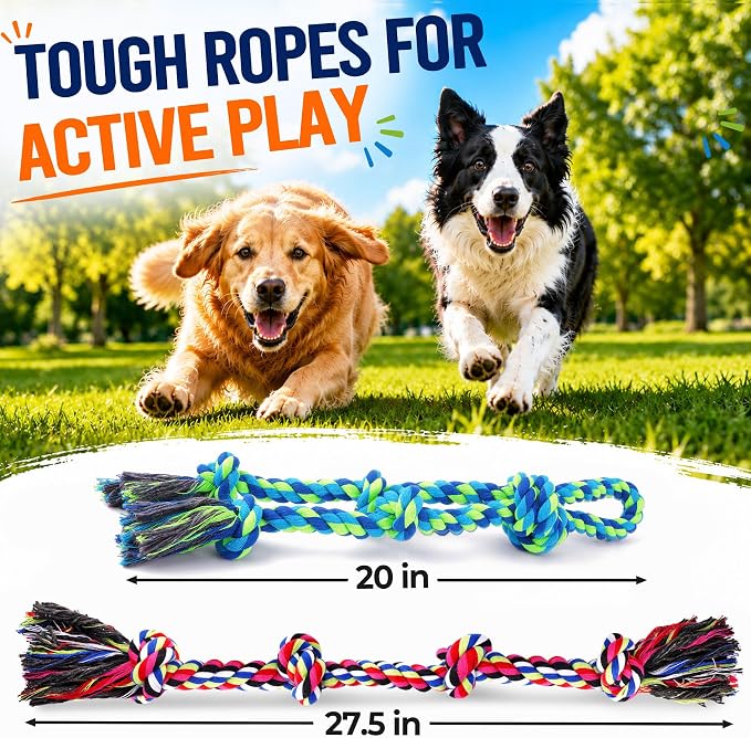 Tough Dog Rope Toys for Aggressive Chewers, Tough Tug of War Dog Toys for Large, Medium & Small Dogs – 5 Pack Including 2 Ropes & 3 Supplies