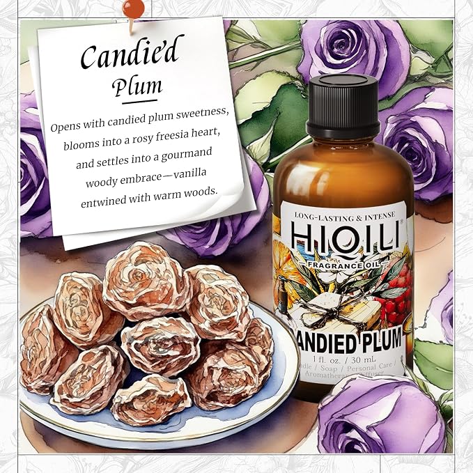 HIQILI Candied Plum Fragrance Oil for Diffuser, Candle & Soap Making, Personal Care Scenting, Gourmand Notes, Long-Lasting Scent - 1 Fl Oz