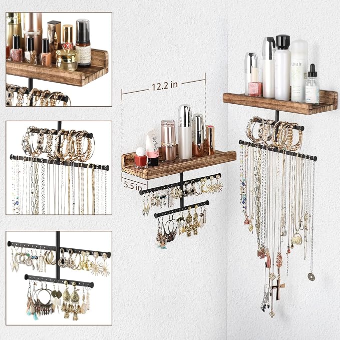 Keebofly Hanging Wall Mounted Jewelry Organizer with Rustic Wood Jewelry Holder Display for Necklaces Bracelet Earrings Ring Set of 2 Carbonized Black,[Patented]
