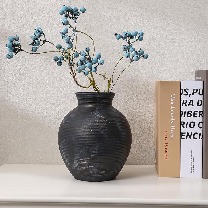 Ceramic Flower Vase Home Decor, 7.4 in Farmhouse Table Vase Retro Vintage Living Room Kitchen Bedroom Decoration Pottery Decorative Vases for Flowers House Shelf Office Desk Dining Entryway, BlackGold