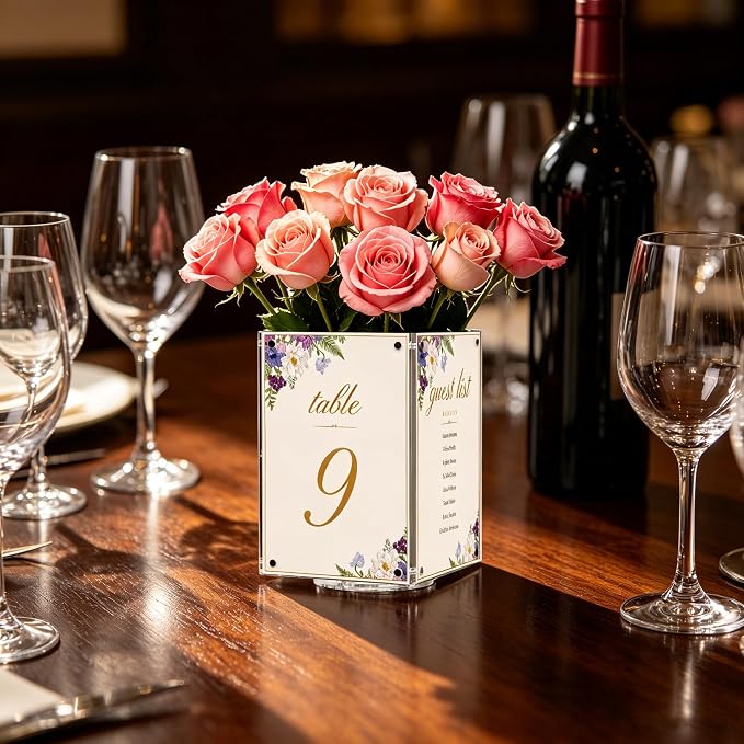 Rotating Acrylic Decorative Box for Table, 360° Acrylic Vase with 4 Sided Clear 4x6 Inch Picture Frame Photo Display Holder Table Numbers for Wedding Party, Replaceable Menu Holder for Restaurant