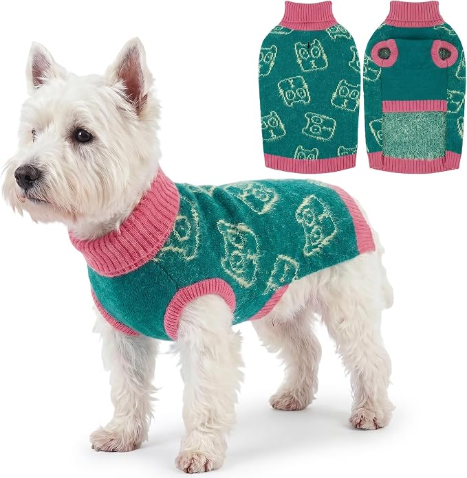 IDOMIK Dog Knit Sweaters for Small Dogs, Sleeveless Pet Pullover Sweater,S | Turtleneck Green Dog Sweater, Stretchy Knit Dog Clothes, Warm Puppy Sweater for Winter Daily Wear, Cute Cat Pattern