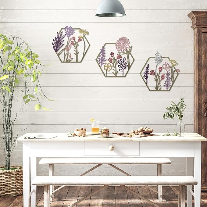 Peryiter 3 Pcs Metal Flower Wall Decor Minimalist Floral Wall Hanging Decor Floral Metal Rustic Flower Art for Summer Living Room Bathroom Kitchen Indoor Outdoor(Colorful)