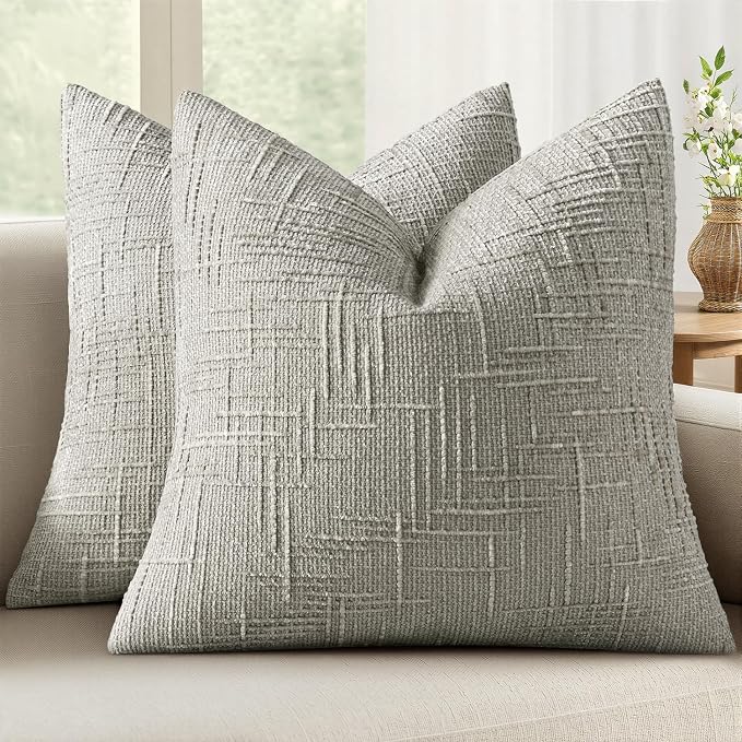 MIULEE Chenille Textured Throw Pillow Covers Light Grey 18x18 Set of 2 | Slubby Decorative Pillows, Boho Farmhouse Home Decor, Modern Neutral Cushion Covers for Couch Sofa Bed Living Room