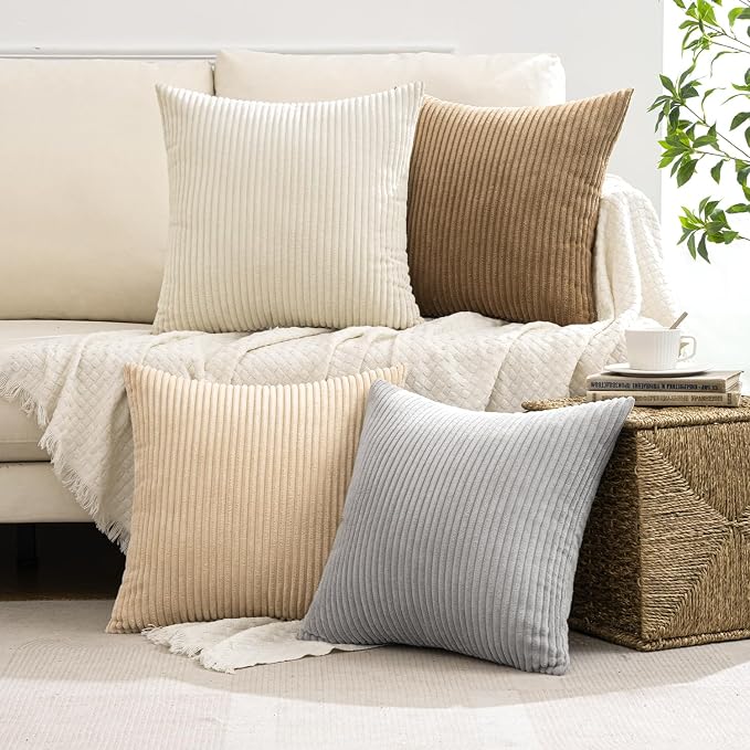 MIULEE Soft Corduroy Decorative Throw Pillow Covers Neutral 18x18 | Set of 4, Mid Century Home Decor, Cream Brown Collection, Boho Farmhouse Cushion Covers for Couch Bed Sofa Living Room
