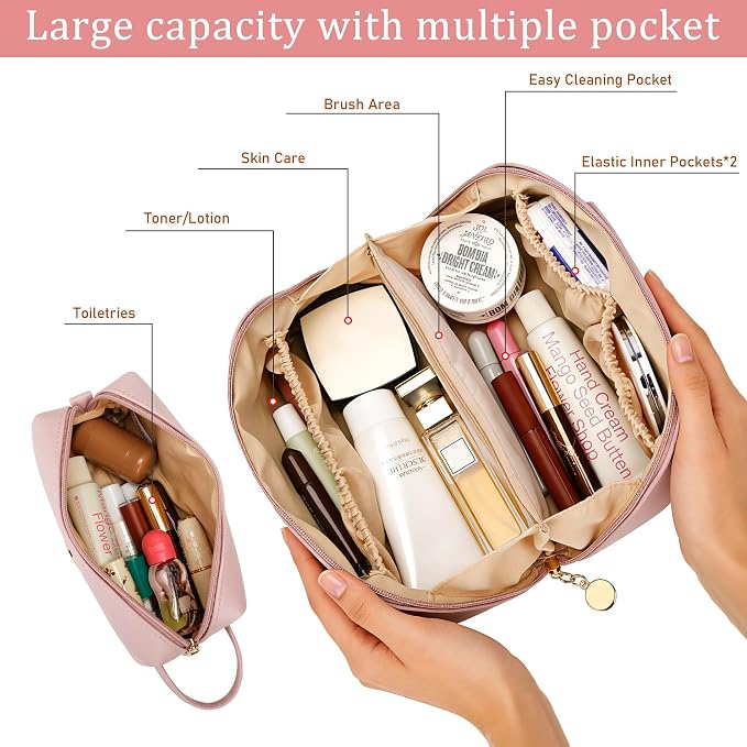 KKXIU Initial Makeup Bag for Women - Personalized Makeup Bag Gifts for Women, Travel Toiletry Bag with PU Leather, Open Flat Design with Top Handle, Cosmetic Bag Set with Multi-Pocket (Pink,R)
