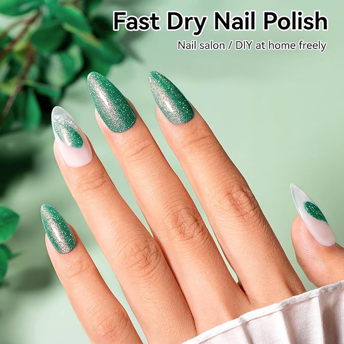 Green Nail Polish, Fast Air Drying Sparkly Shimmer Dreamy Green Glitter Nail Polish, 15 Toxic-free, High Shine Finish, Rich in Castor Oil, DIY at Home Nails Art Salon Travel Manicure Gift