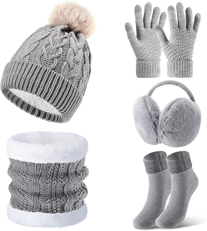 SATINIOR 5 Pcs Winter Hat Scarf Gloves Set Fleece Warm Lined Knit Beanie Hat Touch Screen Earmuff Gloves Warmer for Women(Gray,Vivid Style)