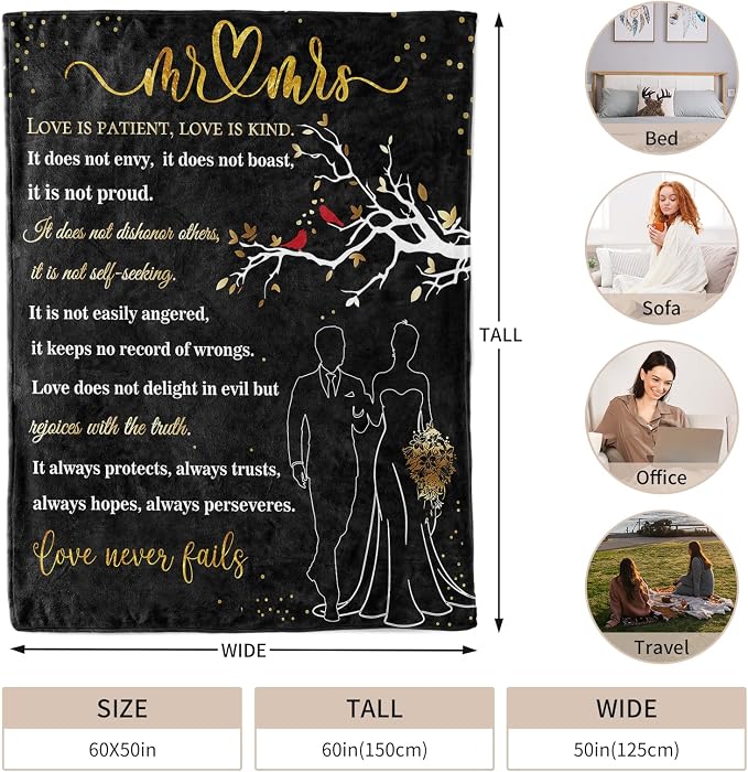 Wedding Gifts for Couples, Bridal Shower Gifts for Bride to Be Soft Blanket | Anniversary Mr and Mrs Gifts, Wedding Gifts for Newlyweds Wedding Throw Blanket 60*50 Inch (Black)