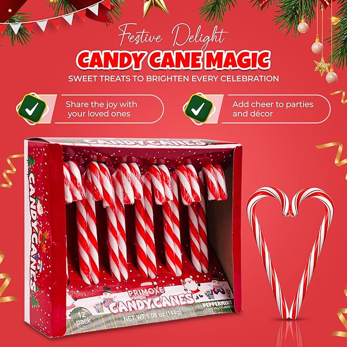 Christmas Candy Canes 12 Pack - Classic Red & White Peppermint Cane Sticks Individually Wrapped - Bulk Christmas Candy for Holiday Treats, Decorations, Stocking Stuffers & Gifts